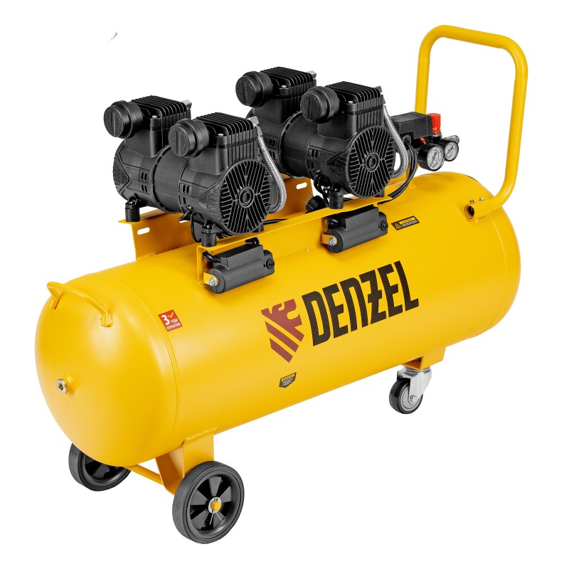 Компрессор безмасл. малошумный DLP-3000/100, 3 кВт, 2х1,5 кВт,100 л, 2850 об/мин,500 л/мин Denzel