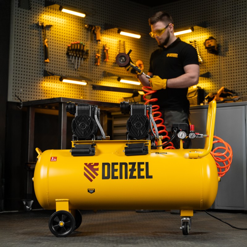 Компрессор безмасл. малошумный DLP-3000/100, 3 кВт, 2х1,5 кВт,100 л, 2850 об/мин,500 л/мин Denzel
